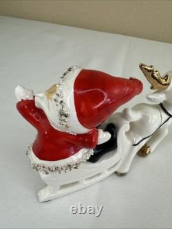 Vtg UCAGCO Waving Pixie Santa Reindeer Sleigh Gold Spaghetti Trim Label