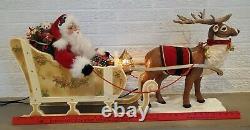 WORKING Vintage White Holiday Creations Animated Santa Sleigh Reindeer Musical