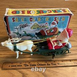 WORKING WithBOX Vintage Celluloid Santa & Reindeer WithMetal Sleigh Wind Up Toy