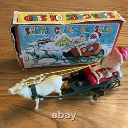 WORKING WithBOX Vintage Celluloid Santa & Reindeer WithMetal Sleigh Wind Up Toy