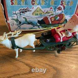 WORKING WithBOX Vintage Celluloid Santa & Reindeer WithMetal Sleigh Wind Up Toy
