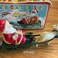 WORKING WithBOX Vintage Celluloid Santa & Reindeer WithMetal Sleigh Wind Up Toy