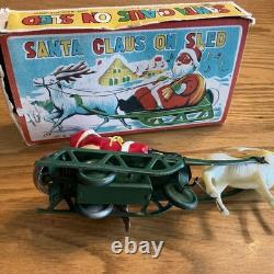 WORKING WithBOX Vintage Celluloid Santa & Reindeer WithMetal Sleigh Wind Up Toy