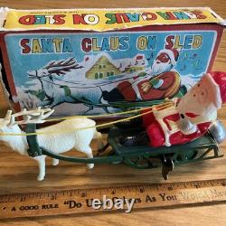 WORKING WithBOX Vintage Celluloid Santa & Reindeer WithMetal Sleigh Wind Up Toy