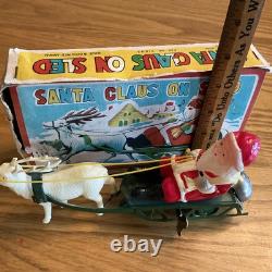 WORKING WithBOX Vintage Celluloid Santa & Reindeer WithMetal Sleigh Wind Up Toy