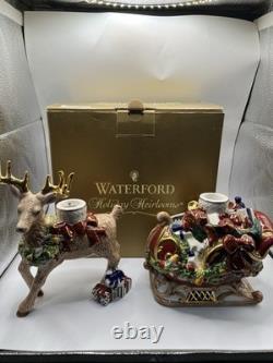 Waterford Holiday Heirlooms Reindeer & Santa Sleigh Candle Holder Set Box
