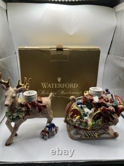 Waterford Holiday Heirlooms Reindeer & Santa Sleigh Candle Holder Set Box