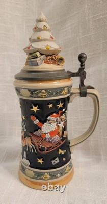 West Germany Santa Christmas Stein Reindeer Pulling Sleigh 360 Design Hinged Top