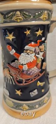 West Germany Santa Christmas Stein Reindeer Pulling Sleigh 360 Design Hinged Top