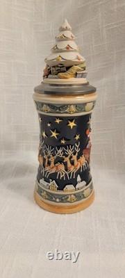 West Germany Santa Christmas Stein Reindeer Pulling Sleigh 360 Design Hinged Top