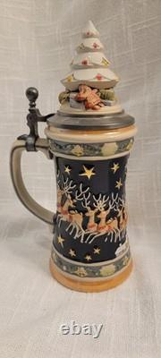 West Germany Santa Christmas Stein Reindeer Pulling Sleigh 360 Design Hinged Top