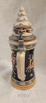 West Germany Santa Christmas Stein Reindeer Pulling Sleigh 360 Design Hinged Top