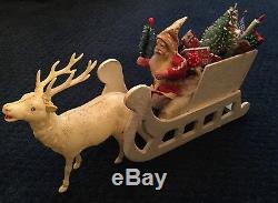 Wonderful Vintage Japanese Santa In Toy Filled Sleigh With Celluloid Reindeer