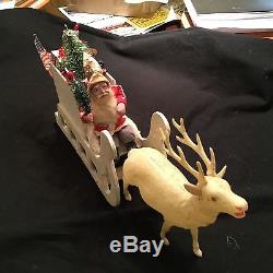 Wonderful Vintage Japanese Santa In Toy Filled Sleigh With Celluloid Reindeer