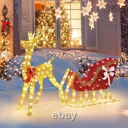 Yaheetech 4ft Lighted Christmas Reindeer Santa Sleigh Set Light-up Outdoor Xmas