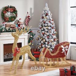 Yaheetech 4ft Lighted Christmas Reindeer Santa Sleigh Set Light-up Outdoor Xmas