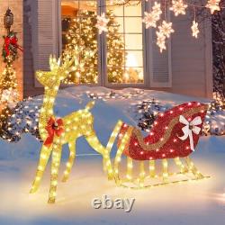 Yaheetech Lighted Christmas Reindeer & Santa Sleigh Set, Light-up Outdoor Xmas H