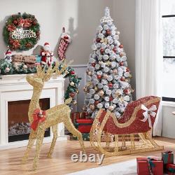 Yaheetech Lighted Christmas Reindeer & Santa Sleigh Set, Light-up Outdoor Xmas H