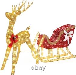 Yaheetech Lighted Christmas Reindeer & Santa Sleigh Set, Light-up Outdoor Xmas H